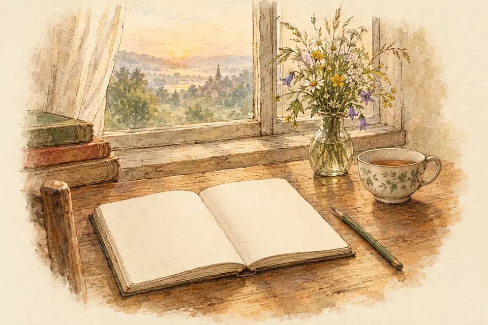 Ink and watercolor illustration: at dawn, an open notebook waits untouched on a writer’s desk beside a sharpened pencil, a cup of cooling tea, and a small vase of wildflowers