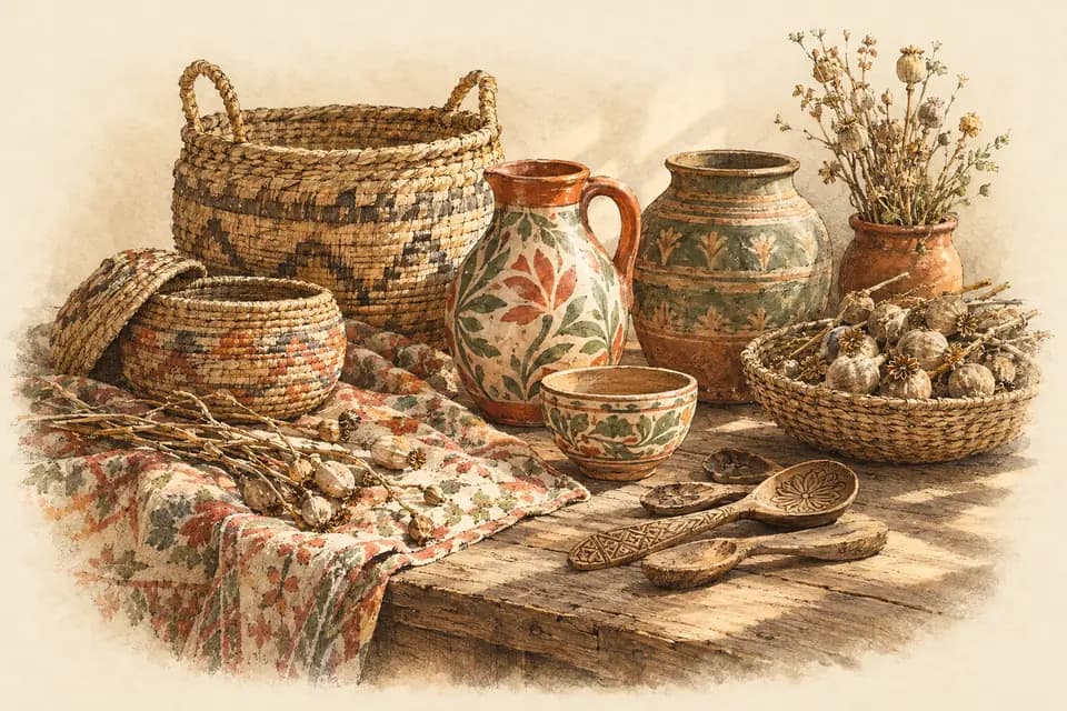 Ink and watercolor illustration: a still life of woven baskets, hand-painted pottery, carved spoons, patterned cloth, and dried seed pods rests on a broad wooden table