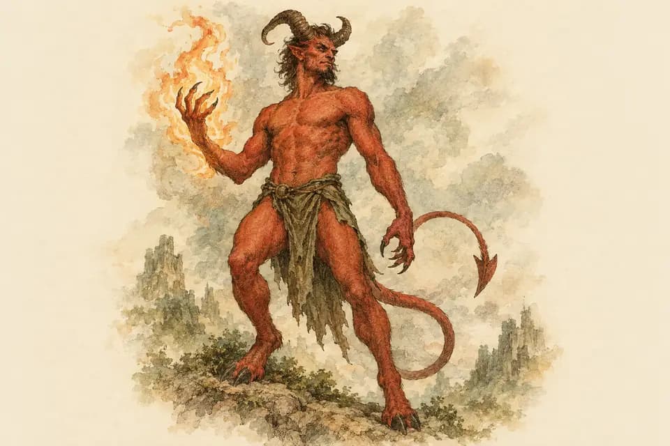 Ink and watercolor illustration: a horned demon with ember-red skin stands dramatically, one clawed hand wreathed in harmless flame and a spaded tail curled behind