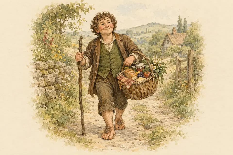 Ink and watercolor illustration: a cheerful halfling with curly hair and bare feet carries a walking stick and overflowing picnic basket