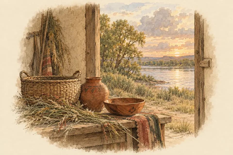 Ink and watercolor illustration: a quiet North American landscape gathers prairie grasses, a woven willow basket, a clay vessel, and a cedar bowl on a low table