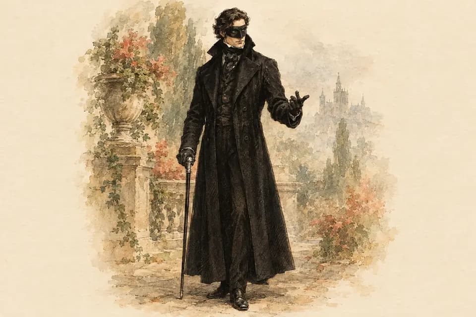 Ink and watercolor illustration: a masked villain in a severe black coat holds a closed silver-topped cane, one gloved hand poised in command