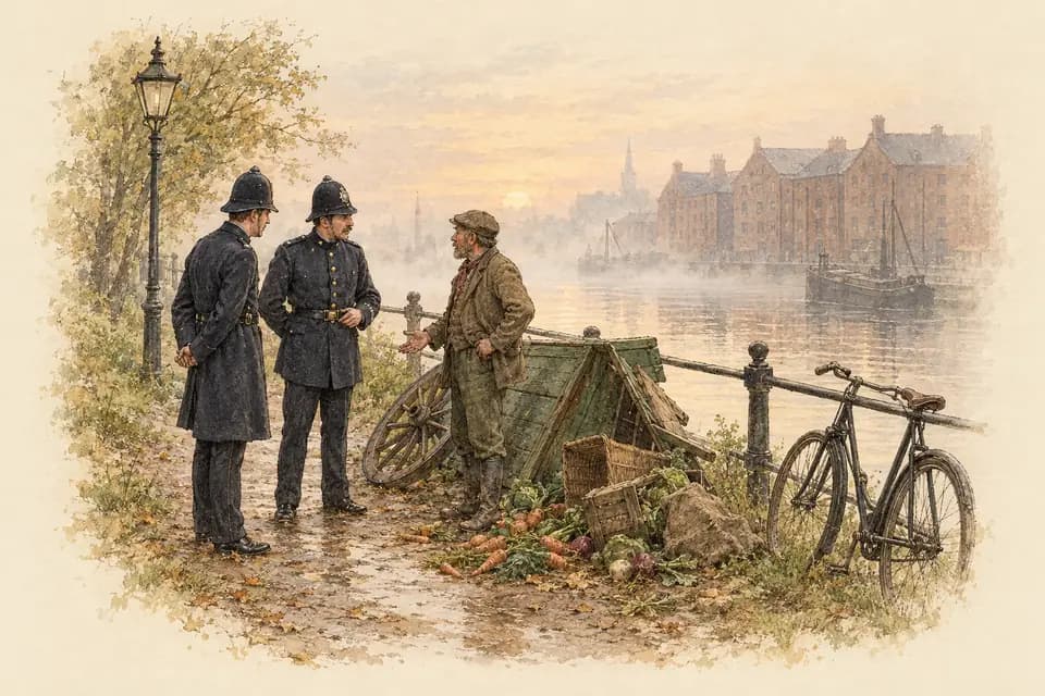 Ink and watercolor illustration: at dawn, two uniformed officers stand beside a quiet riverside footpath, speaking with a groundskeeper near a toppled market cart