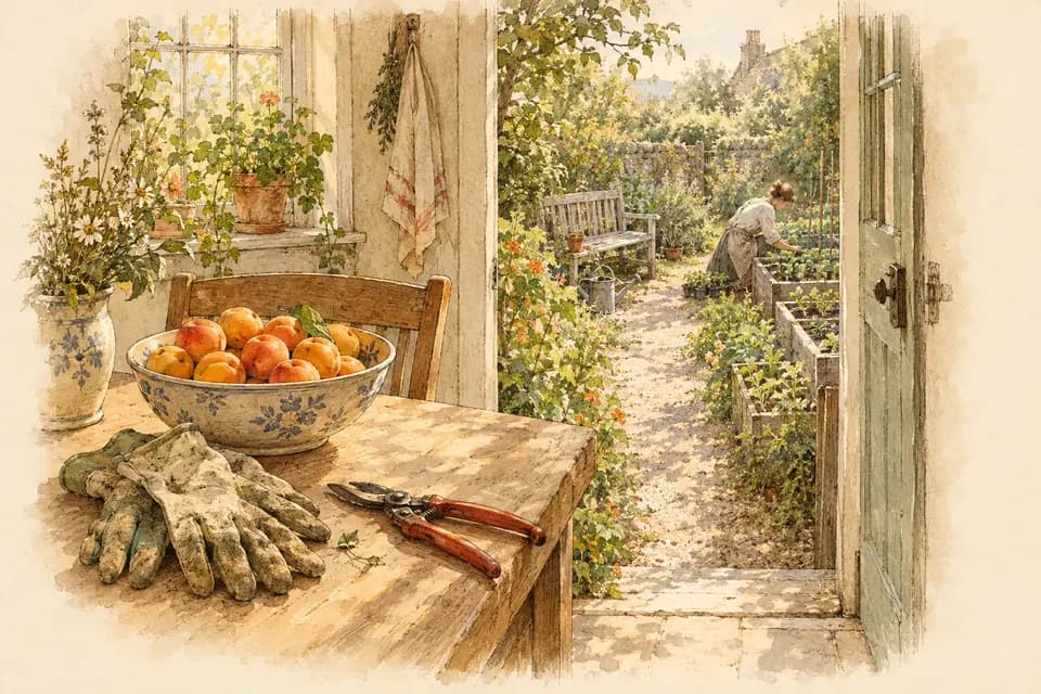 Ink and watercolor illustration: in a sunlit kitchen, a woman’s gardening gloves and pruning shears lie beside a bowl of ripe apricots