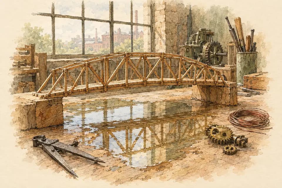 Ink and watercolor illustration: a delicate wooden bridge model spans a shallow workshop bench, its fine trusses mirrored in a puddle of spilled water