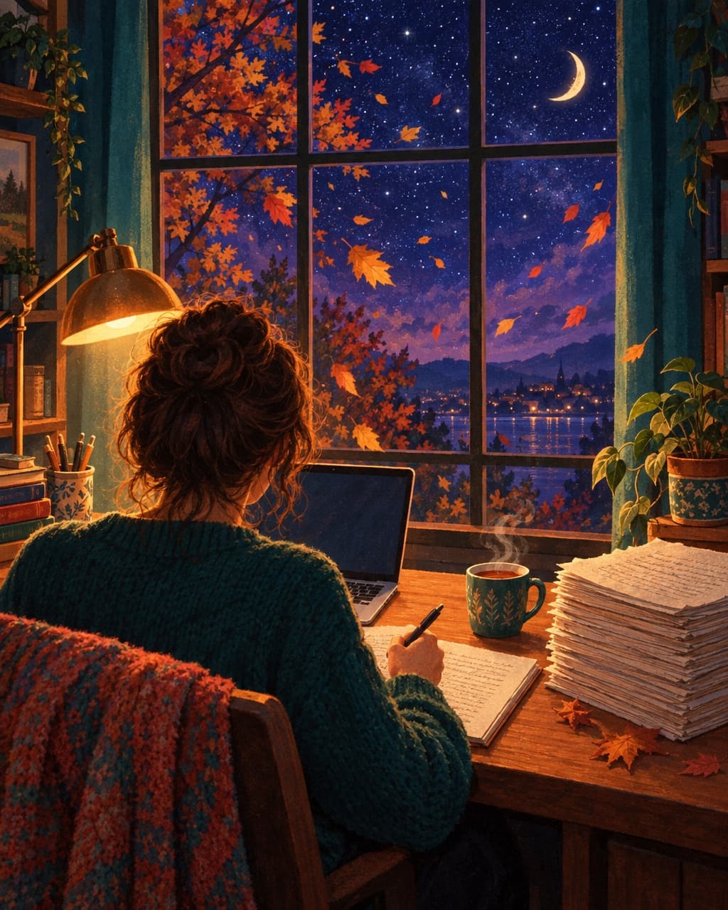 A writer drafting a novel by lamplight on a November night, autumn leaves swirling outside the window