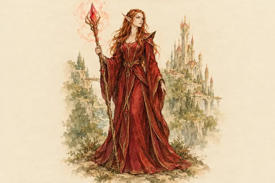 Ink and watercolor illustration: a blood elf with copper-red hair wears elegant crimson robes and grips a faceted ruby staff