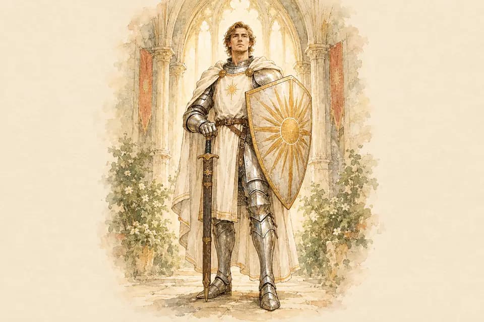 Ink and watercolor illustration: a silver-armored paladin lifts a sunburst shield and holds a sheathed sword upright, calm and resolute