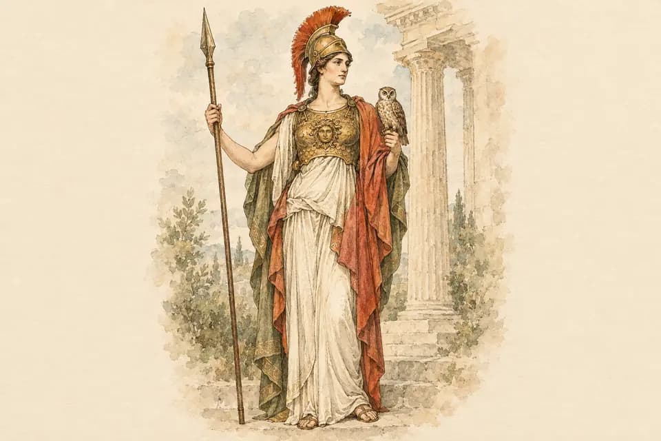 Ink and watercolor illustration: a Minerva in classical Roman armor and draped robes holds a spear and small owl, helmet crest sharply outlined