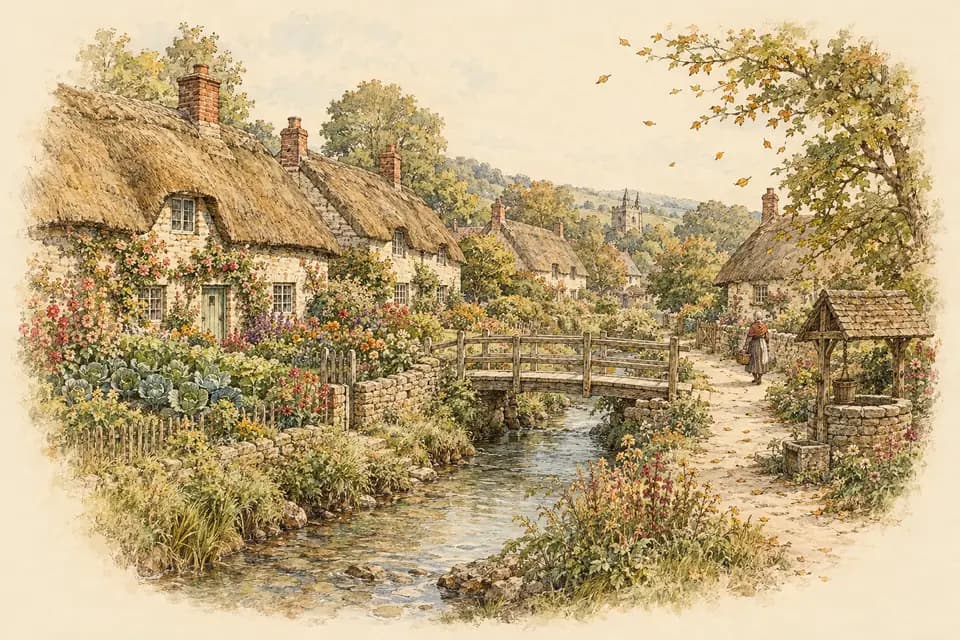 Ink and watercolor illustration: thatched cottages cluster beside a clear brook, their gardens bright with cabbages and late flowers