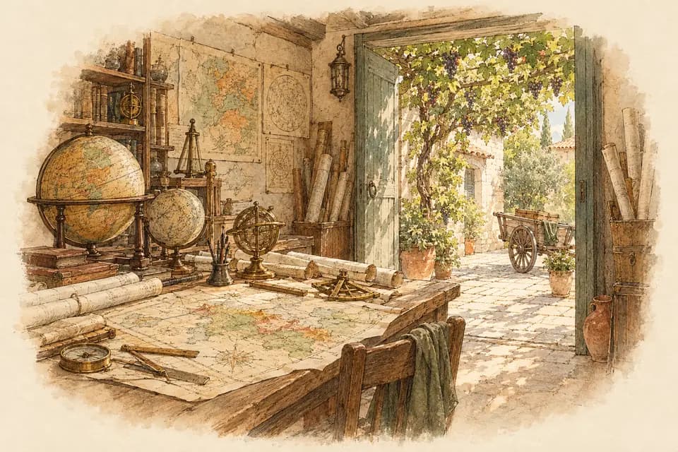 Ink and watercolor illustration: a cluttered mapmaker’s workshop opens onto a sunlit courtyard, with globes, measuring instruments, and rolled charts arranged on a broad table