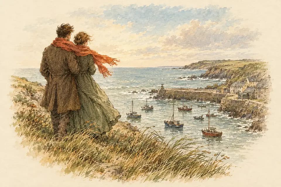 Ink and watercolor illustration: two figures stand together at the edge of a windswept coastal bluff, sharing a bright scarf against the cold