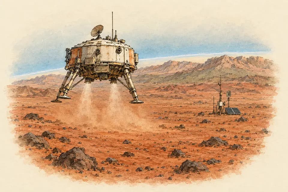 Ink and watercolor illustration: a compact research vessel glides above a rust-red planet, its landing struts extended toward a plain scattered with dark stones
