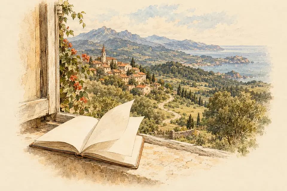 Ink and watercolor illustration: an open, unmarked notebook rests on a broad windowsill, its blank pages lifting in a breeze