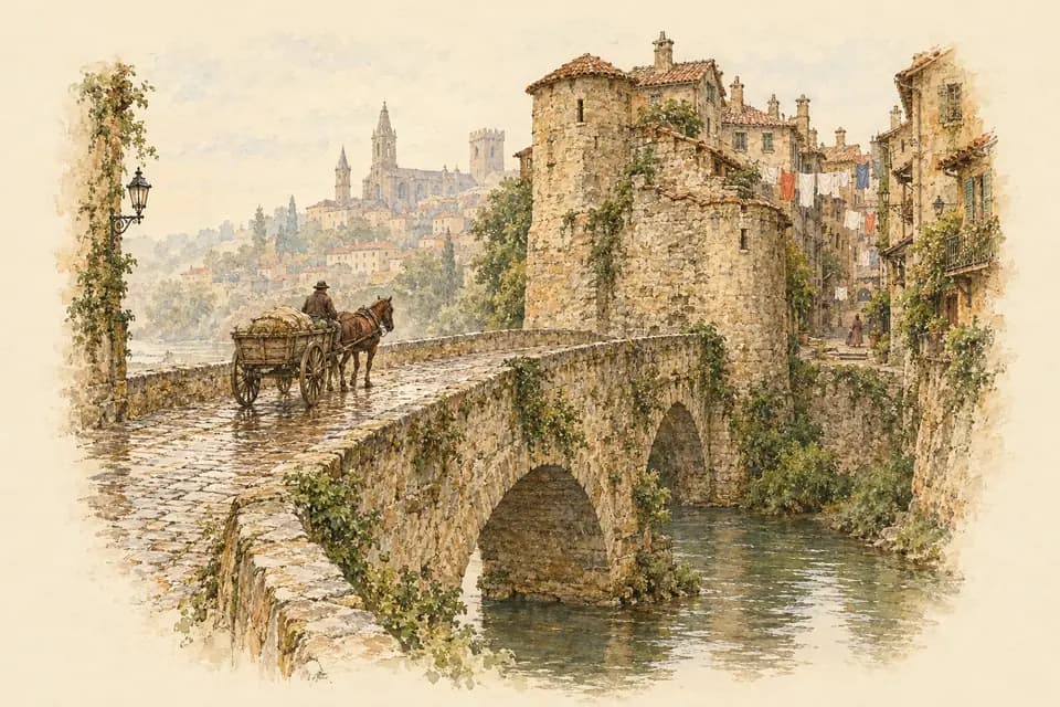 Ink and watercolor illustration: a weathered stone bridge crosses a river beneath the walls of an old European town